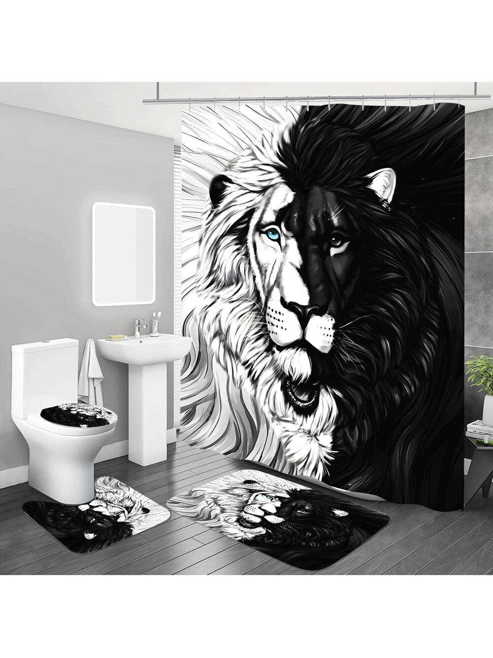 Bring a wild touch to your bathroom with this playful 4-piece set featuring a striking black and white lion design. The set includes a shower curtain, matching mat, and coordinating accessories that add both style and comfort. Perfect for turning your daily routine into a roaring good time!