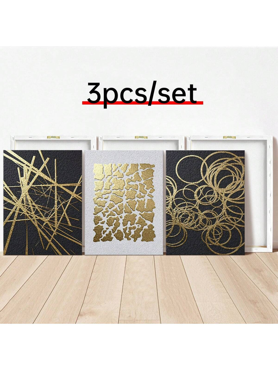 Elevate your space with this playful trio of modern abstract geometric canvases. Featuring bold golden and black tones, each piece adds a chic, artistic flair that sparks conversation and brightens any room. Perfect for those who love stylish shapes and a dash of glamour in their home decor.