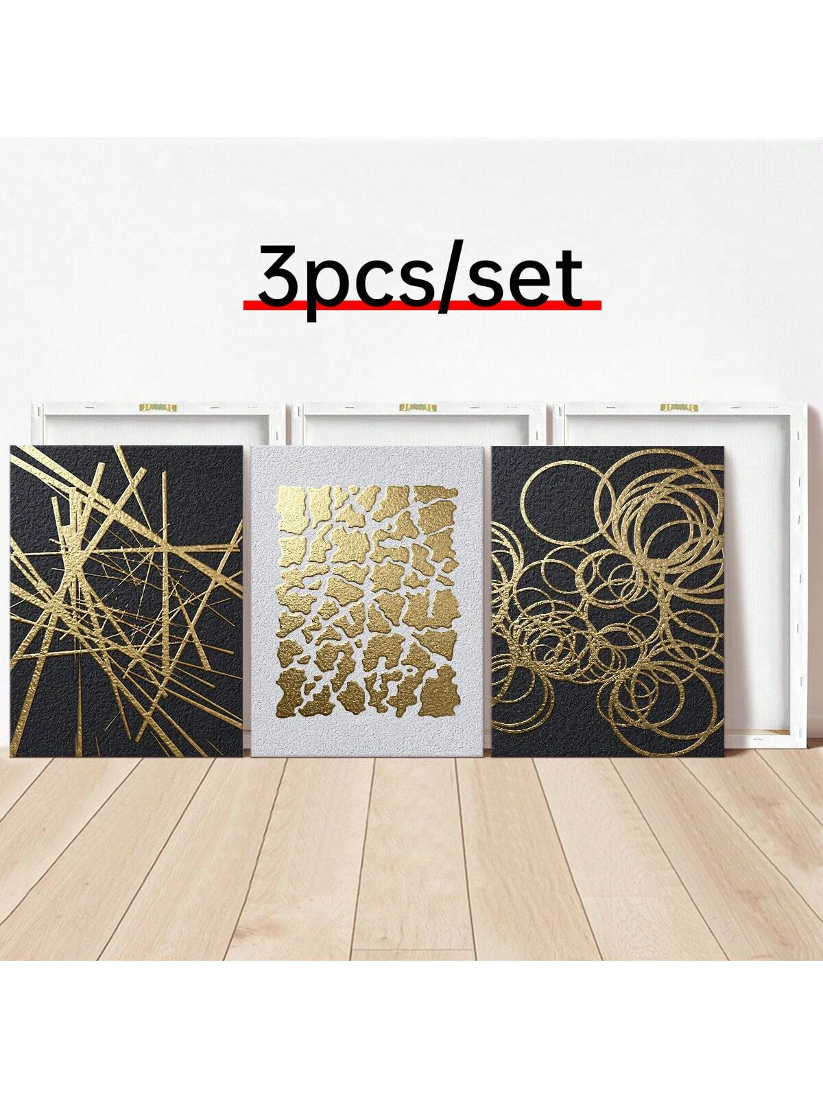 Elevate your space with this playful trio of modern abstract geometric canvases. Featuring bold golden and black tones, each piece adds a chic, artistic flair that sparks conversation and brightens any room. Perfect for those who love stylish shapes and a dash of glamour in their home decor.