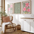Set of three framed abstract botanical canvas prints with olive green, pink and cream artwork in a sunlit room