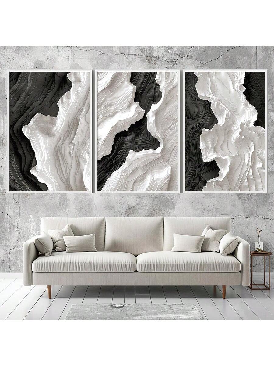 Bring bold style home with this set of three modern black and white geometric canvas posters. Each abstract design plays with shapes and lines to create eye-catching art that livens up any room. Perfect for adding a dash of contemporary cool to your walls, these prints make decorating fun and effortless.