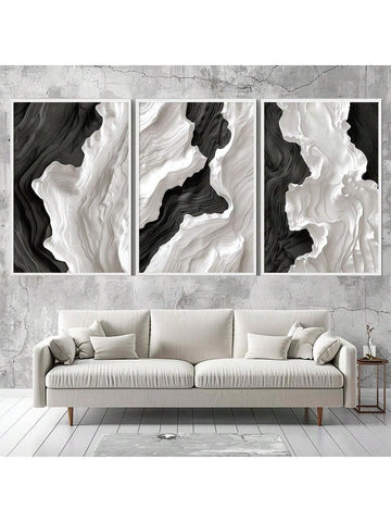 Bring bold style home with this set of three modern black and white geometric canvas posters. Each abstract design plays with shapes and lines to create eye-catching art that livens up any room. Perfect for adding a dash of contemporary cool to your walls, these prints make decorating fun and effortless.
