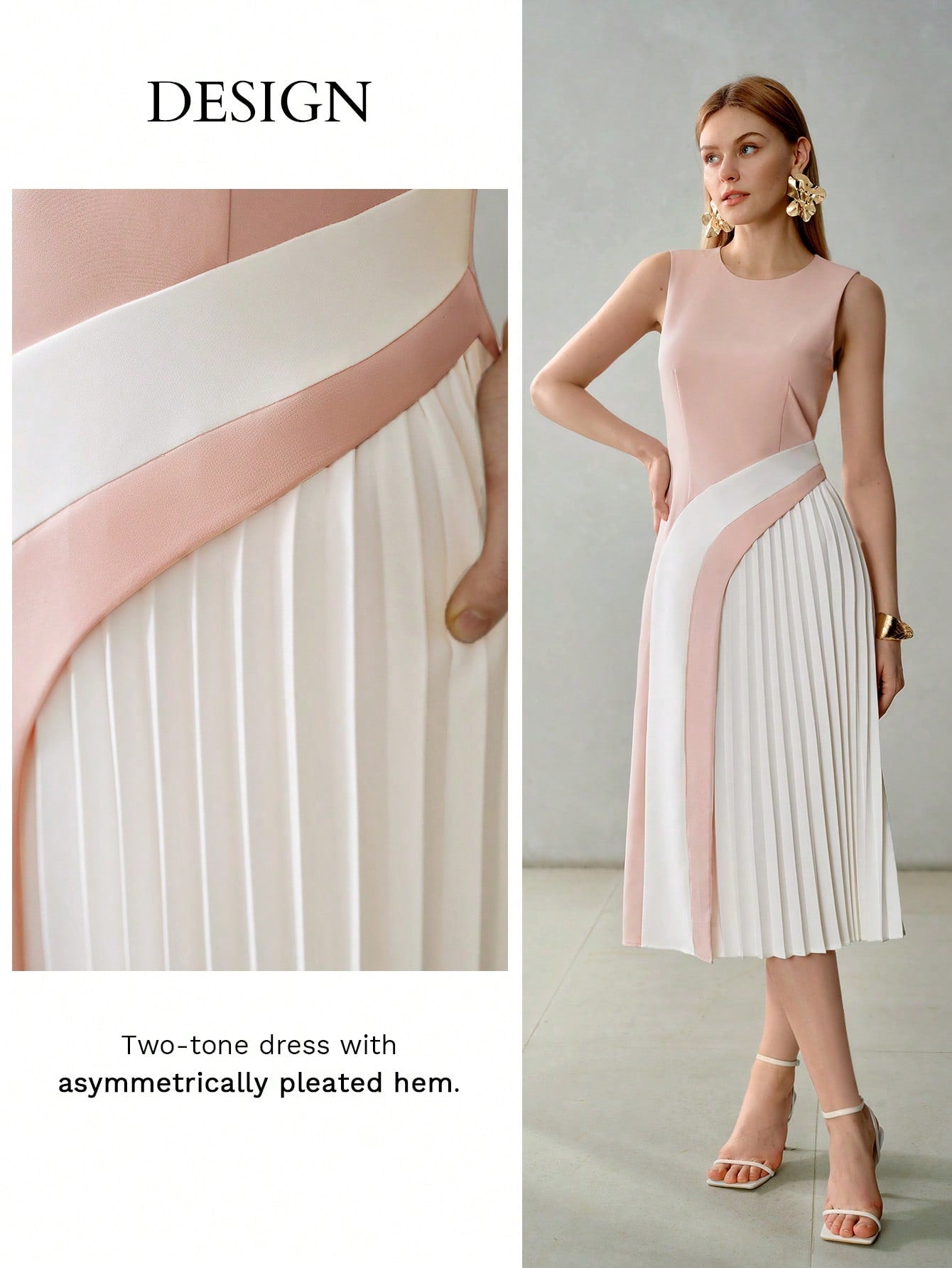 This modern and chic sleeveless dress boasts a premium color block design, making it a standout piece in any wardrobe. With its pleated detailing and high-quality materials, it offers both style and comfort for any occasion. Elevate your look with this elegant dress.