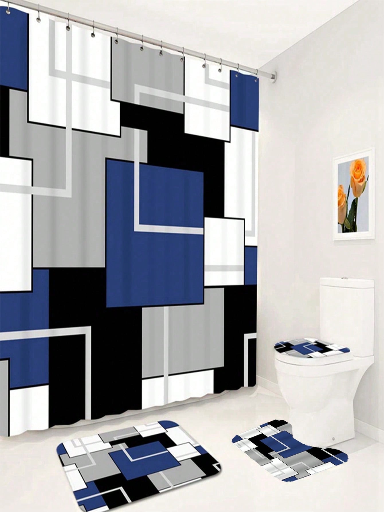 Transform your bathroom from bland to stylish with our Modern Geometric Navy Blue & Black Shower Curtain Set! The sleek design and coordinating rug and accessories will bring a chic touch to your space. Upgrade your shower routine with this trendy set.