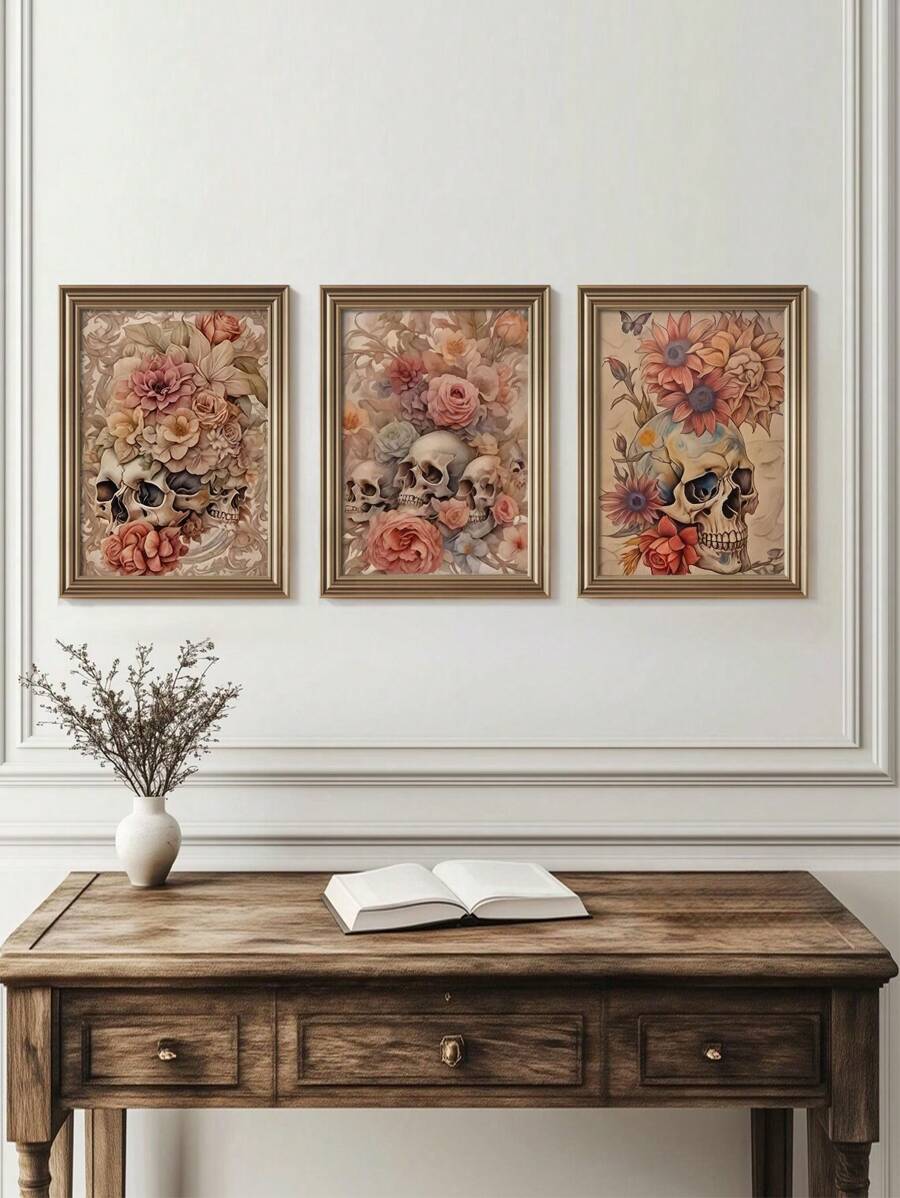 Add a twist of edgy charm to your space with this Modern Gothic Floral Skull Canvas Art Set. Perfect for bedrooms, offices, or living rooms, each unframed piece combines dark elegance with playful floral details, creating a striking focal point that sparks conversation. Easy to hang and bold in style, it’s a unique way to showcase your fearless personality and love for unconventional art.