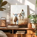 Gallery-wrapped Jesus and lamb canvas wall art above a console table