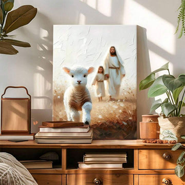 Gallery-wrapped Jesus and lamb canvas wall art above a console table