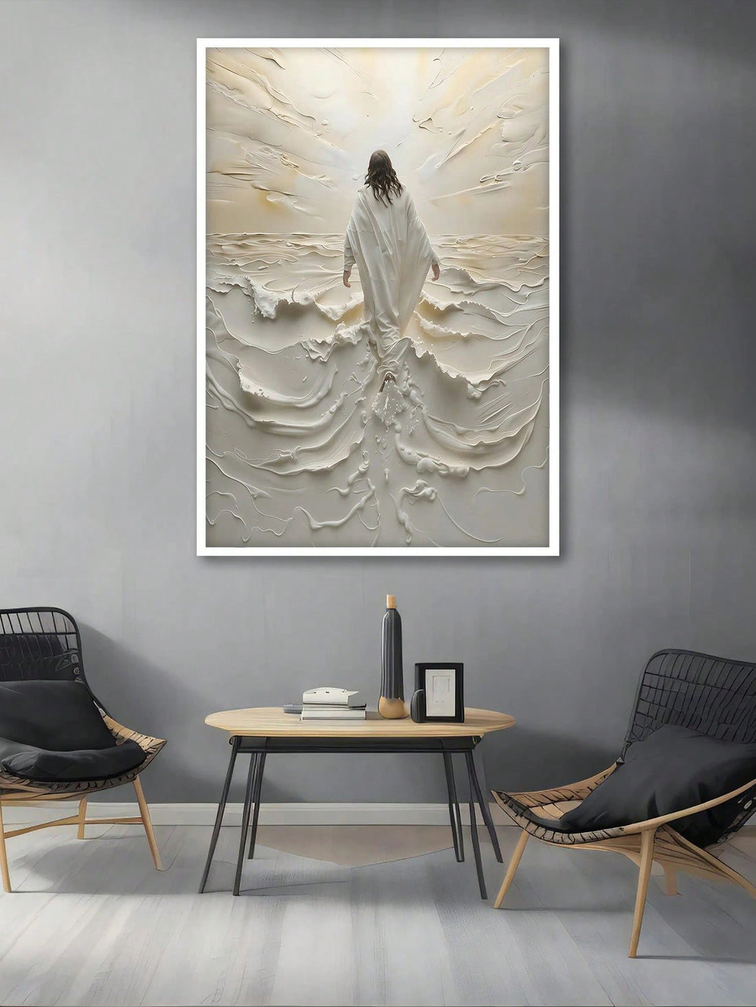 Add a modern touch to your Christian home decor with our Modern Jesus Walking on Water Canvas Poster. This spiritual wall art will inspire and uplift you with its depiction of Jesus, making it a perfect addition to any room. Bring some faith into your home today!