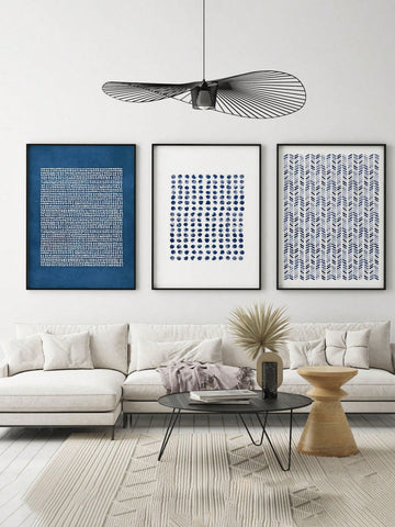 Elevate your home decor with this chic 3-piece canvas art set featuring a fashionable navy blue and white geometric collage. The modern, minimalist design adds a touch of sophistication to any room. Perfect for those who appreciate unique, eye-catching pieces that make a statement.
