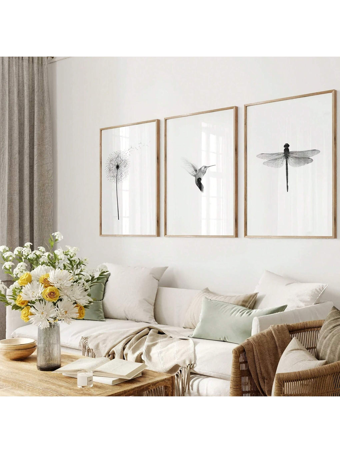 Add a touch of whimsy and style to your space with this set of three modern minimalist prints featuring a dandelion, hummingbird, and dragonfly. Their sleek black and white design fits effortlessly in any home or office, bringing a playful yet elegant vibe. Perfect for brightening walls with subtle nature-inspired charm while keeping things clean and contemporary.