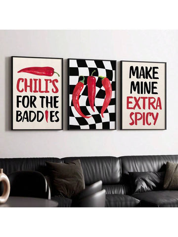 Spice up your kitchen with this vibrant 3-piece chili print set! Featuring bold red and black tones, this unframed wall art adds a playful pop of flavor to any foodie’s space. Perfect for brightening up your cooking area with a dash of modern style and a pinch of fun.