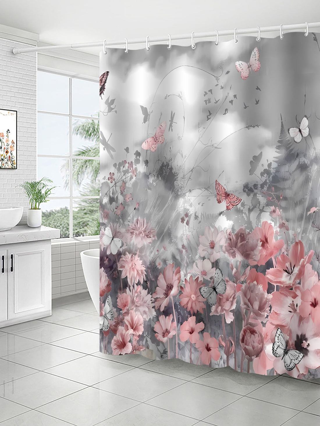 This modern style shower curtain features a unique grey sky pink floral design that will elevate the look of any bathroom. With anti-mold, moisturizing, and waterproof properties, it provides functionality and style. Keep your bathroom clean and dry while adding a touch of elegance.