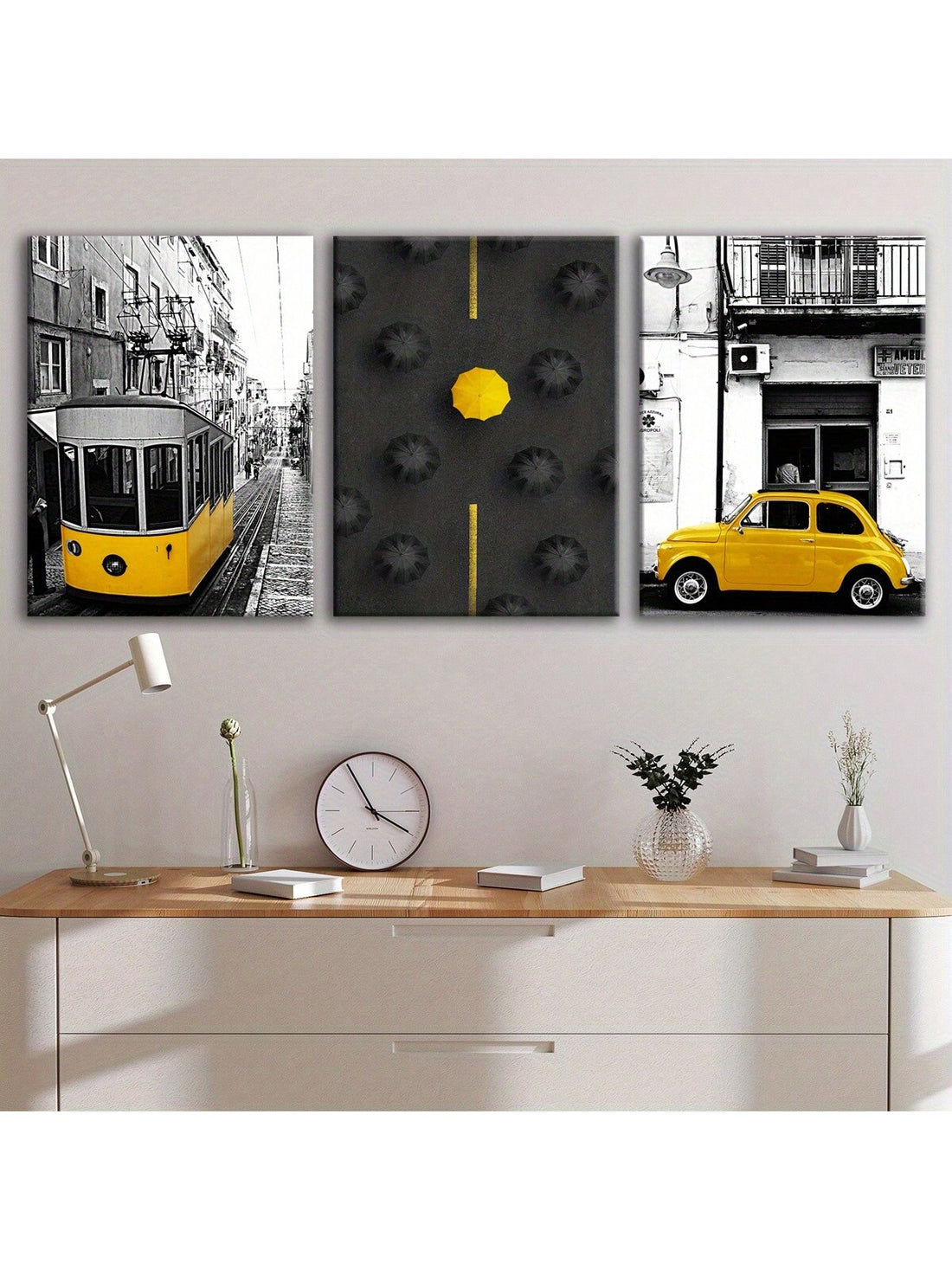 Bring vibrant city vibes into any space with this Modern Urban Street Scene Canvas Art Set. Featuring bold black, white, and yellow hues, these framed prints add a stylish pop to your living room, bedroom, or office. Waterproof and odorless, they’re as practical as they are playful—perfect for brightening your walls or gifting to a friend who loves urban flair.
