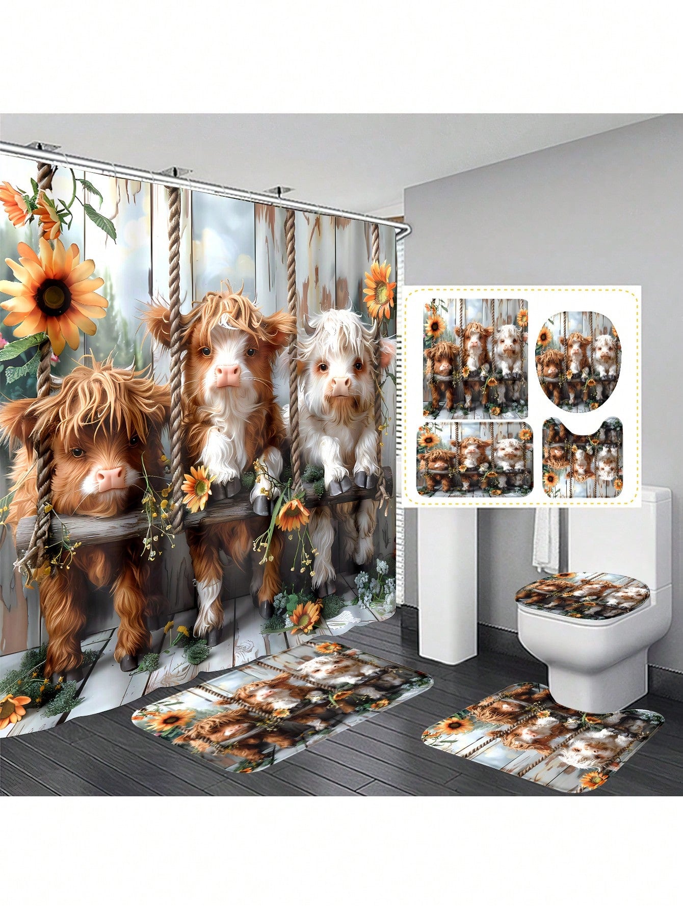 Elevate your bathroom decor with our Highland Cow Hammock Pattern Bathroom Curtain Set. Featuring a unique cow design, this set adds a touch of personality to your space. Made with high-quality materials, it's durable and easy to maintain. Give your bathroom a stylish makeover with this one-of-a-kind set.