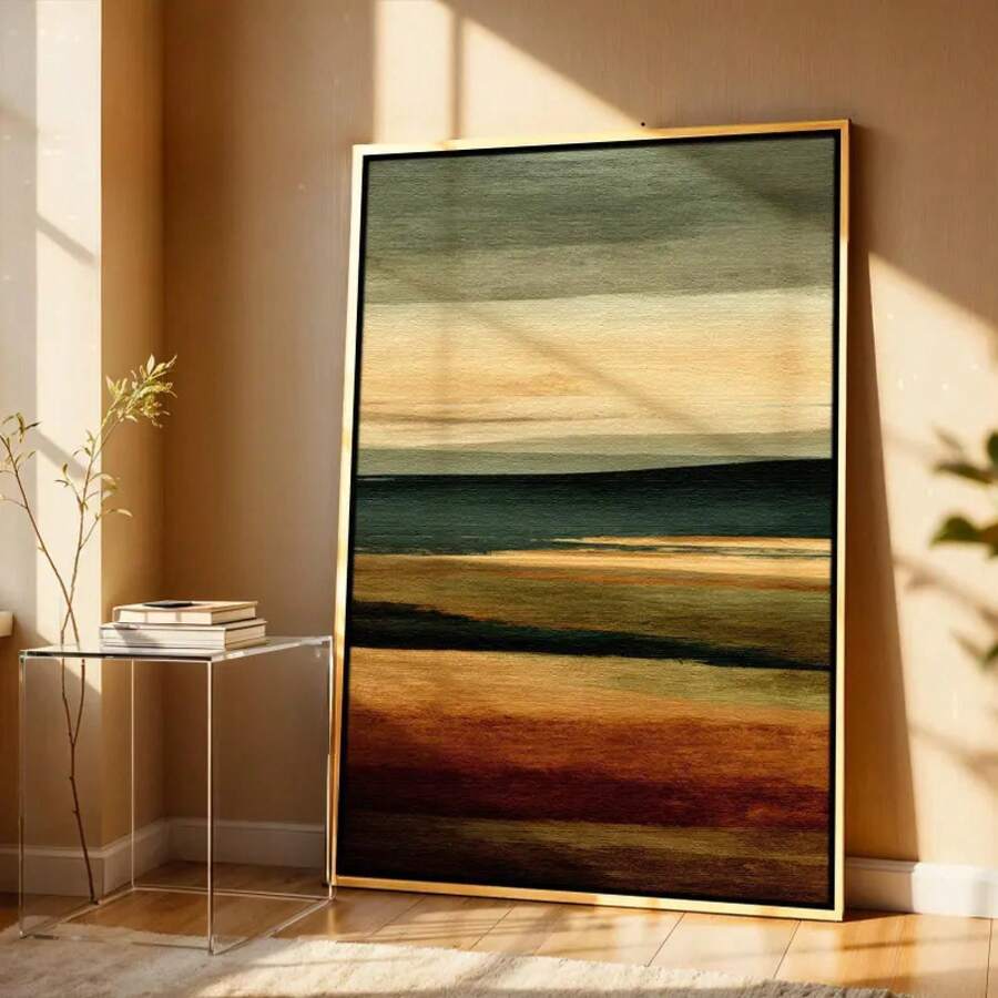 Front living room view of Japandi abstract landscape canvas wall art between bookshelves