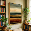 Front living room view of Japandi abstract landscape canvas wall art between bookshelves