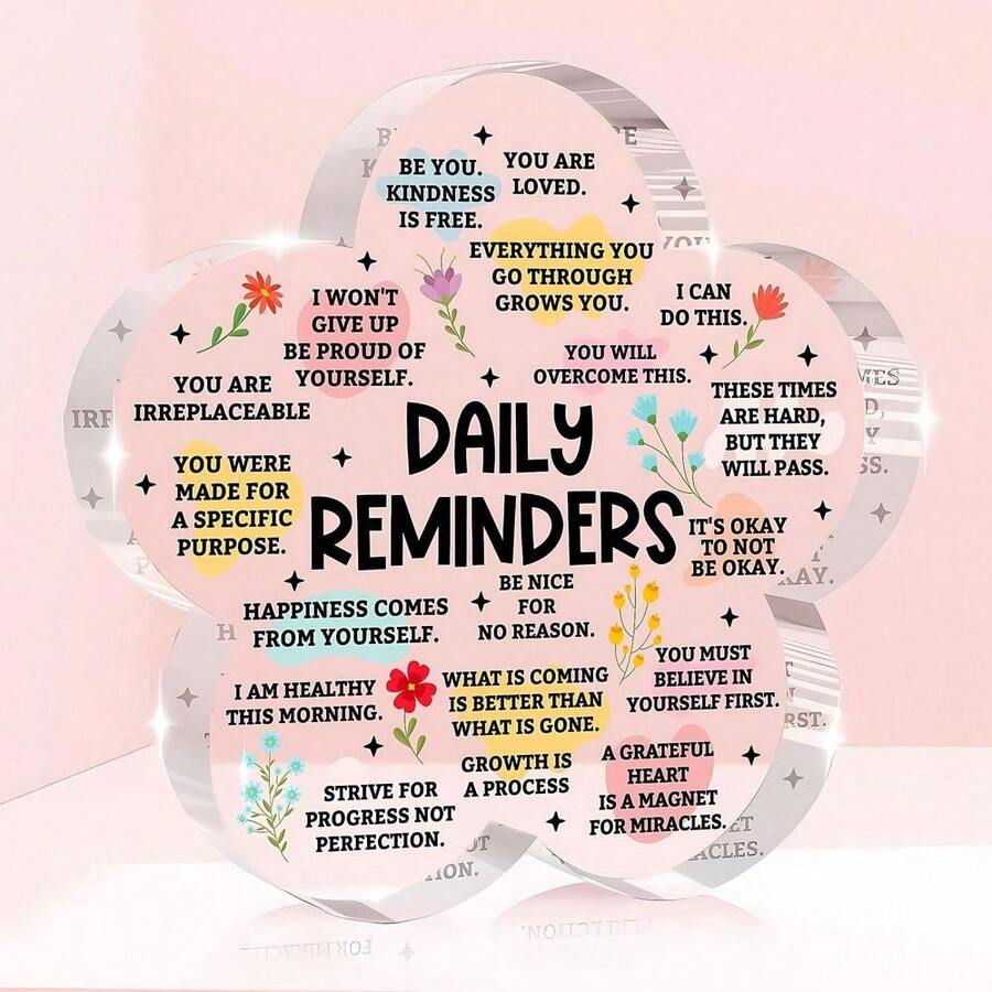 Brighten any space with this charming flower-shaped acrylic sign. Perfect for bedrooms, desks, and living areas, it delivers daily inspiration through uplifting messages. The modern design complements contemporary and classic décor alike. Ideal as a thoughtful gift for friends, family, or colleagues who need a motivational boost. Durable acrylic construction ensures long-lasting beauty and clarity. Transform your environment into a space of positivity and encouragement.