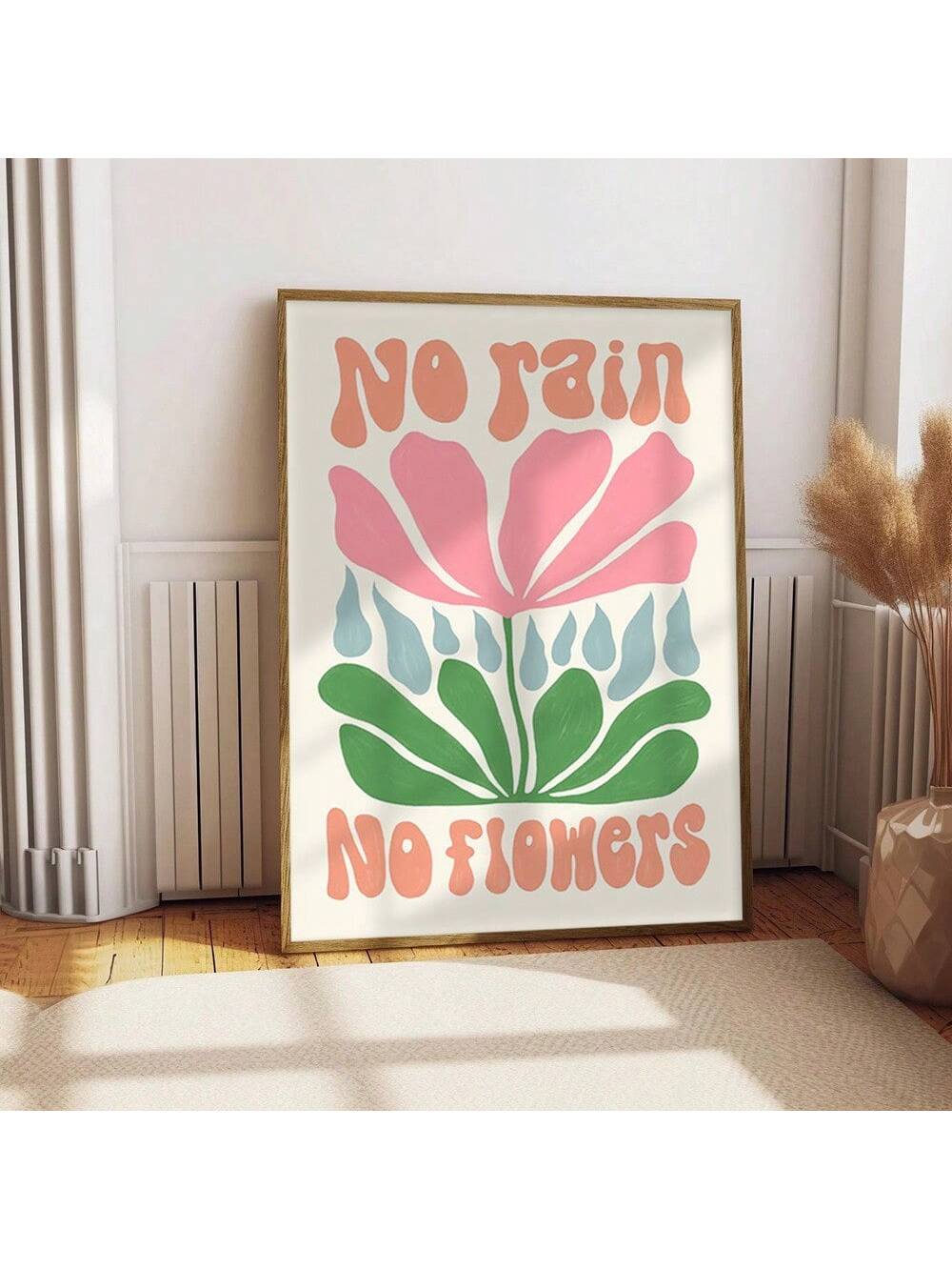 Brighten up your space with our "No Rain, No Flowers" canvas art print! This playful yet profound reminder that life's challenges lead to beautiful growth adds a splash of motivation to any wall. Perfect for home offices, living rooms, or anywhere you need a cheerful nudge to embrace both sunshine and storms. Your daily dose of nature-inspired wisdom has arrived!