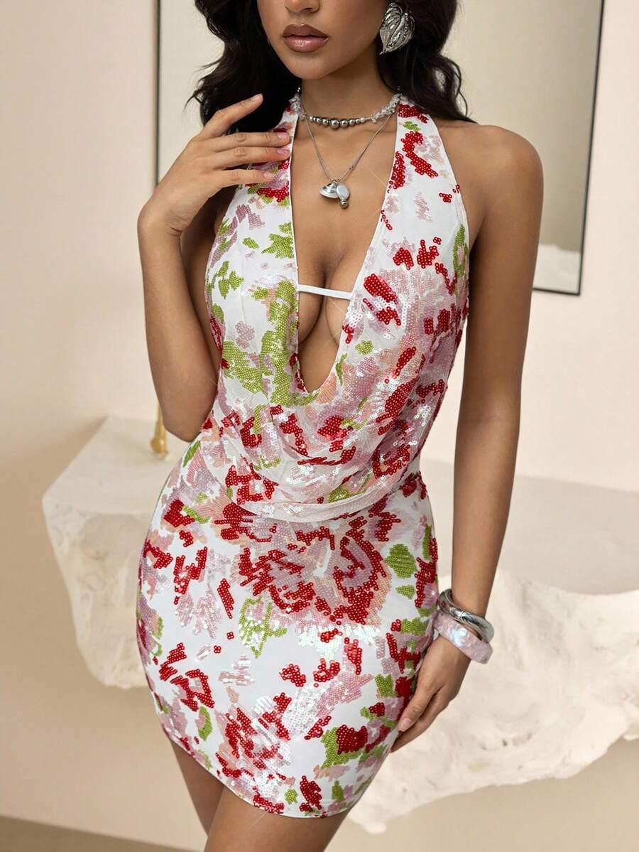 Multicolor floral sequin halter mini dress with plunging neckline