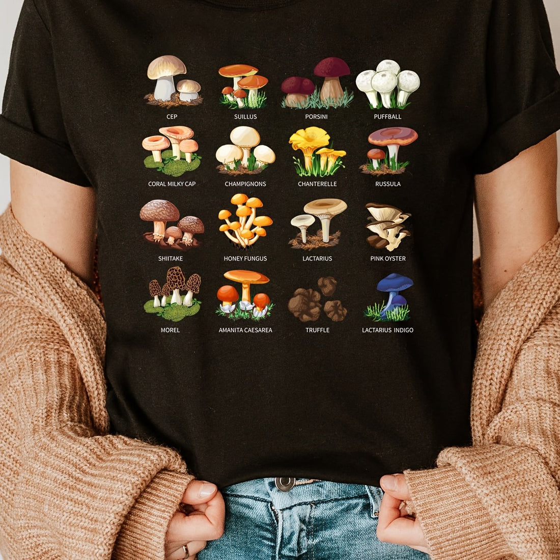 Experience the magic of mushrooms with this versatile Women's Casual Top. Made with a comfortable blend of fabrics and featuring short sleeves and a classic neck T-shirt design, this top is perfect for everyday wear. Add some fun and whimsy to your wardrobe with Mushroom Magic.