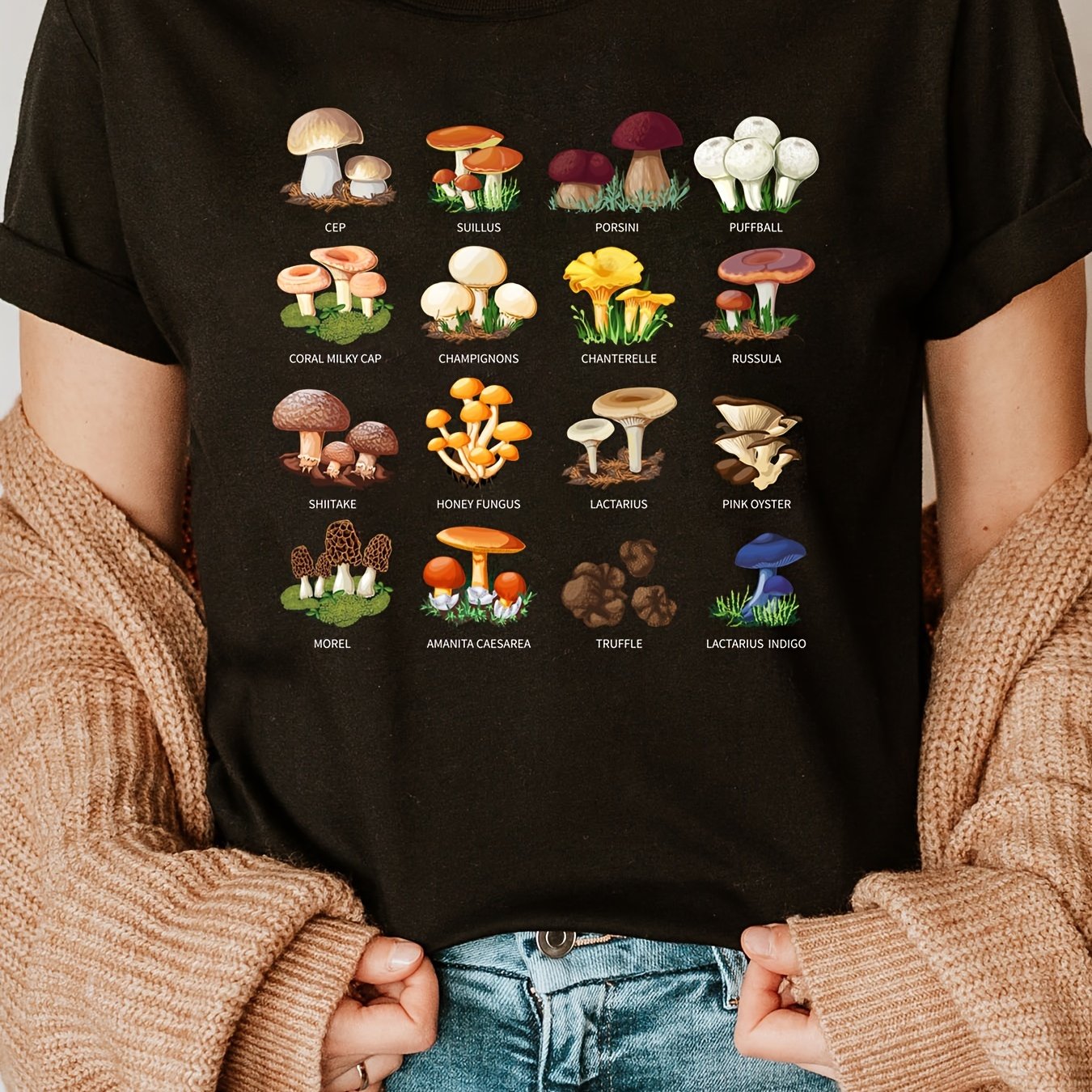 Experience the magic of mushrooms with this versatile Women's Casual Top. Made with a comfortable blend of fabrics and featuring short sleeves and a classic neck T-shirt design, this top is perfect for everyday wear. Add some fun and whimsy to your wardrobe with Mushroom Magic.