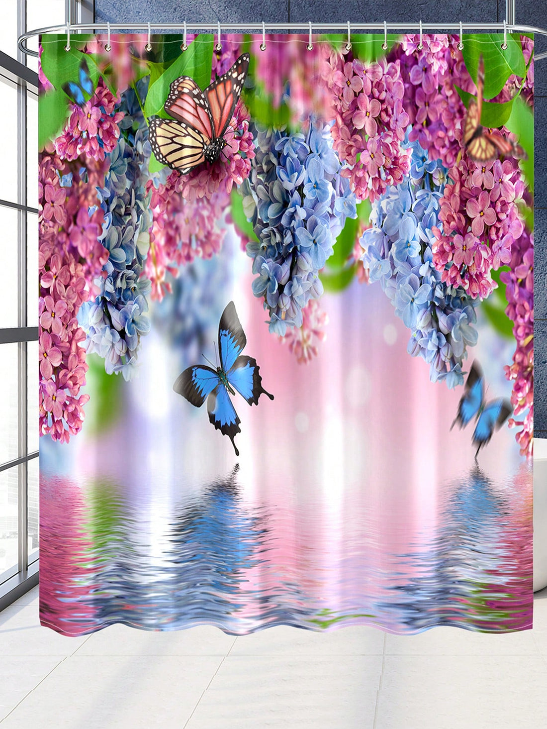 Transform your bathroom into a blooming oasis with Nature's Embrace shower curtain set! The waterproof fabric will keep your floors dry while the colorful floral design and fluttering butterflies add a touch of whimsy. With the included hooks, installation is a breeze. (Say goodbye to boring showers!)