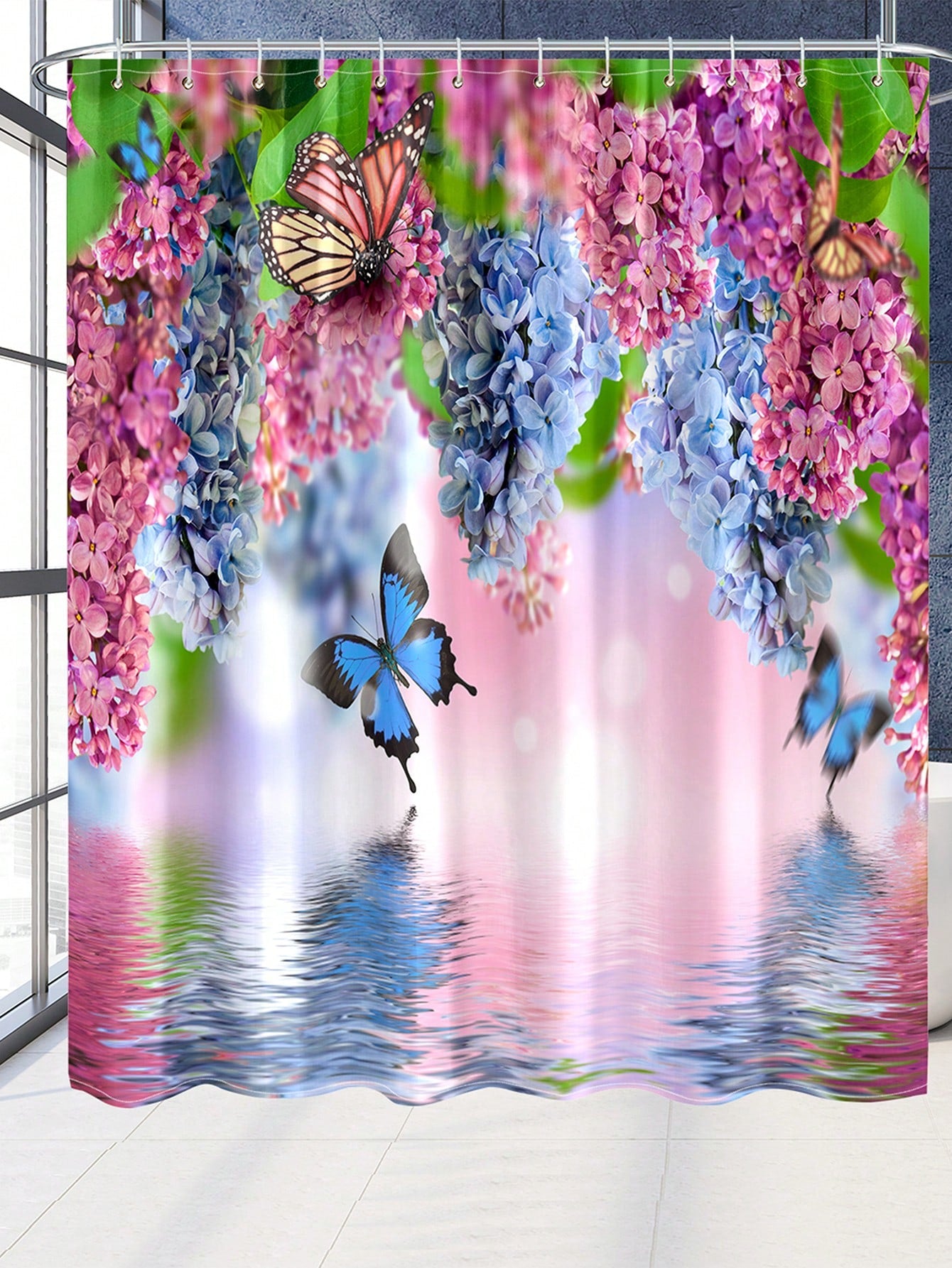 Transform your bathroom into a blooming oasis with Nature's Embrace shower curtain set! The waterproof fabric will keep your floors dry while the colorful floral design and fluttering butterflies add a touch of whimsy. With the included hooks, installation is a breeze. (Say goodbye to boring showers!)