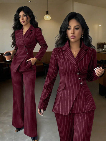 Elevate your professional wardrobe with this Navy Blue Striped Asymmetric Lapel Suit Jacket &amp; Wide Leg Pants Set. Designed for modern women who demand sophistication and style, this two-piece ensemble features a striking asymmetric lapel jacket paired with flattering wide-leg trousers. The jacket showcases elegant striping and a refined silhouette with long sleeves and a regular length.