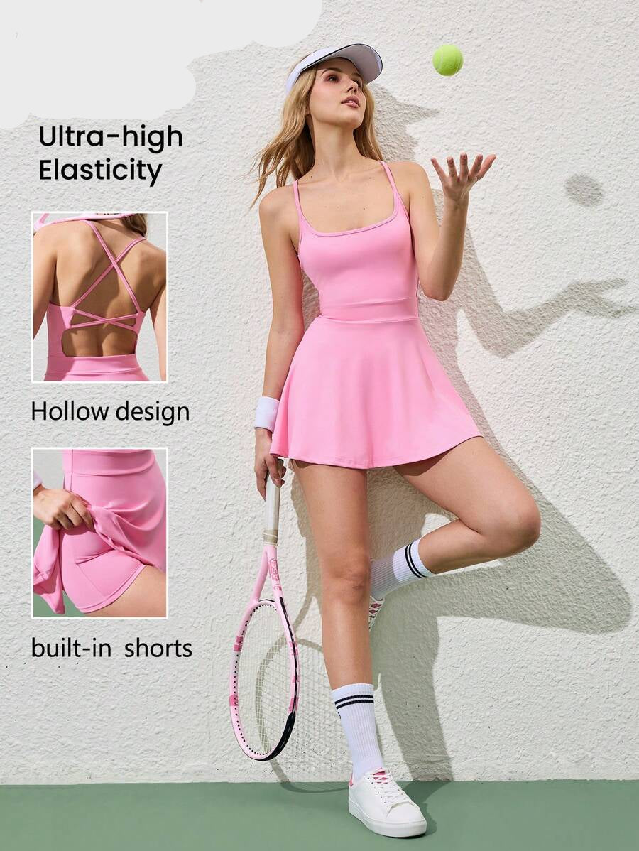 pink crisscross open back tennis mini dress with built in pocket shorts image 1