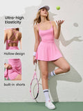 pink crisscross open back tennis mini dress with built in pocket shorts image 1