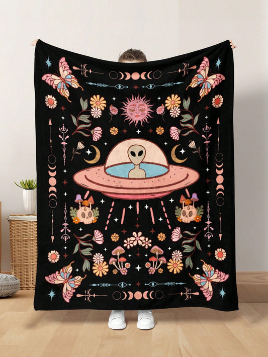 This Occult Alien UFO Plush Blanket is perfect for snuggling up on the sofa or adding a cozy touch to your bedroom. Its soft and warm material makes it ideal for all seasons. Bring out your inner extraterrestrial with this unique and stylish throw.