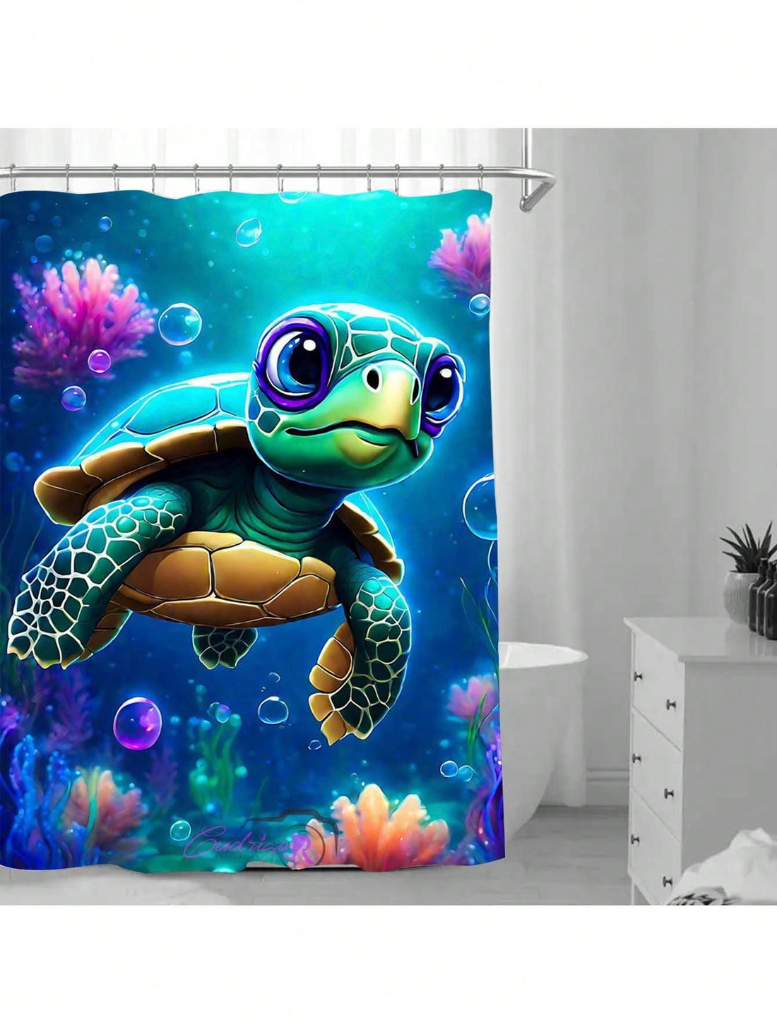 Transform your bathroom into an ocean oasis with our Ocean-Inspired Elegance Shower Curtain. Made of waterproof satin, this curtain features a playful sea turtle design. Keep your floors dry while adding a touch of whimsy (and maybe even a little underwater adventure) to your daily shower routine!