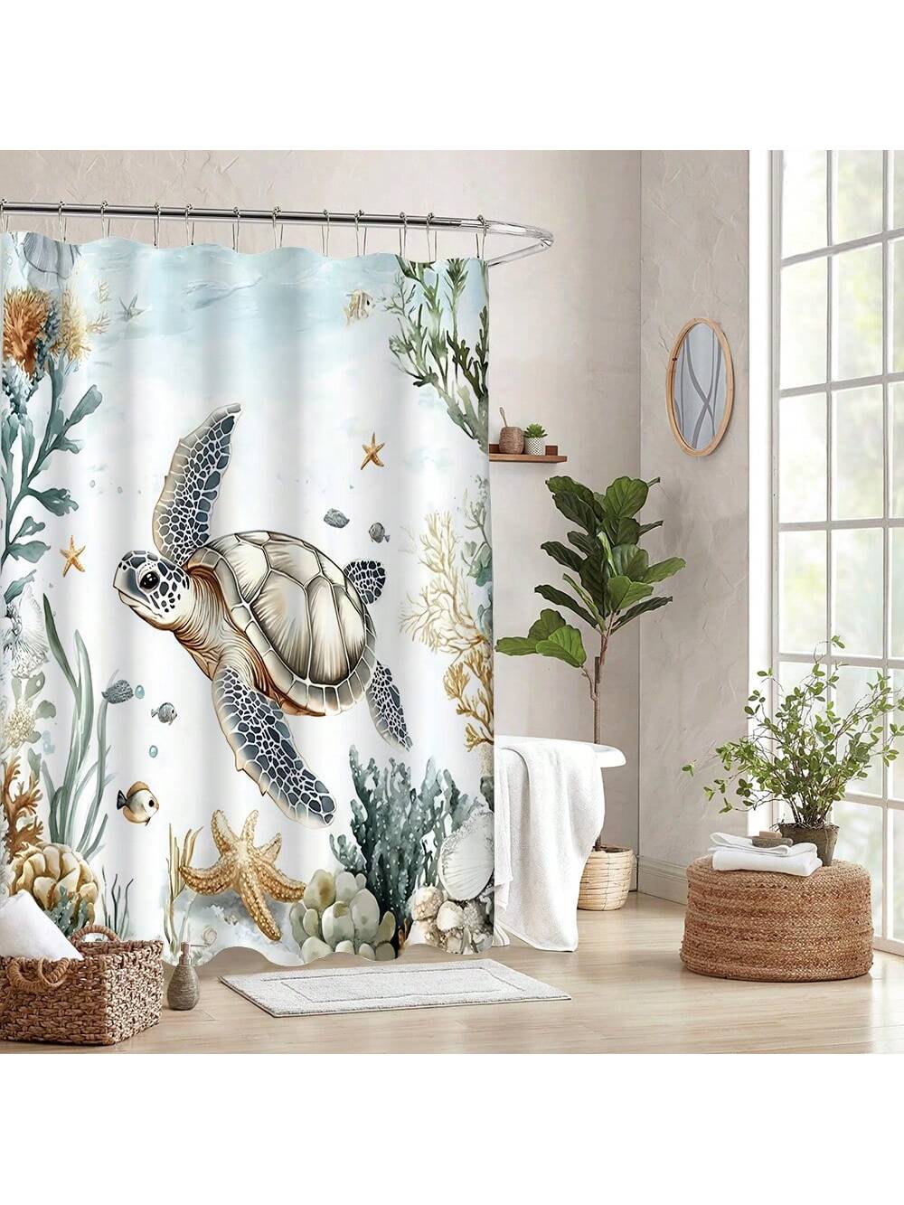 Bring a splash of ocean fun to your bathroom with this playful sea turtle shower curtain. Crafted from waterproof material, it keeps your space dry while adding a modern, marine-inspired touch. Complete with sturdy hooks, it’s easy to hang and perfect for turning your daily routine into a seaside escape.