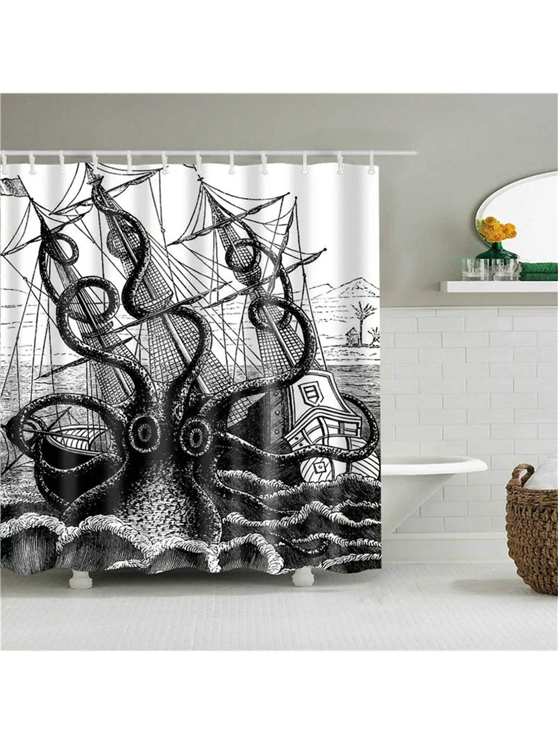 Bring a touch of ocean life into your bathroom with our Ocean Octopus Printed Shower Curtain. Featuring colorful tentacles, this home bathroom decoration adds a vibrant and playful touch to your space. Made with high-quality materials, this shower curtain is both durable and visually appealing.