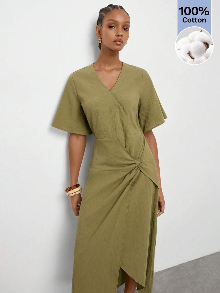 Olive Green V-Neck Long Dress with Fitted Waist and Twisted Hem 