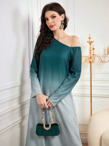 Add some oomph to your wardrobe with our Ombre Oblique Shoulder Long Evening Dress. The chic and stylish design is perfect for formal occasions. Stay elegant and make a statement with this eye-catching dress.