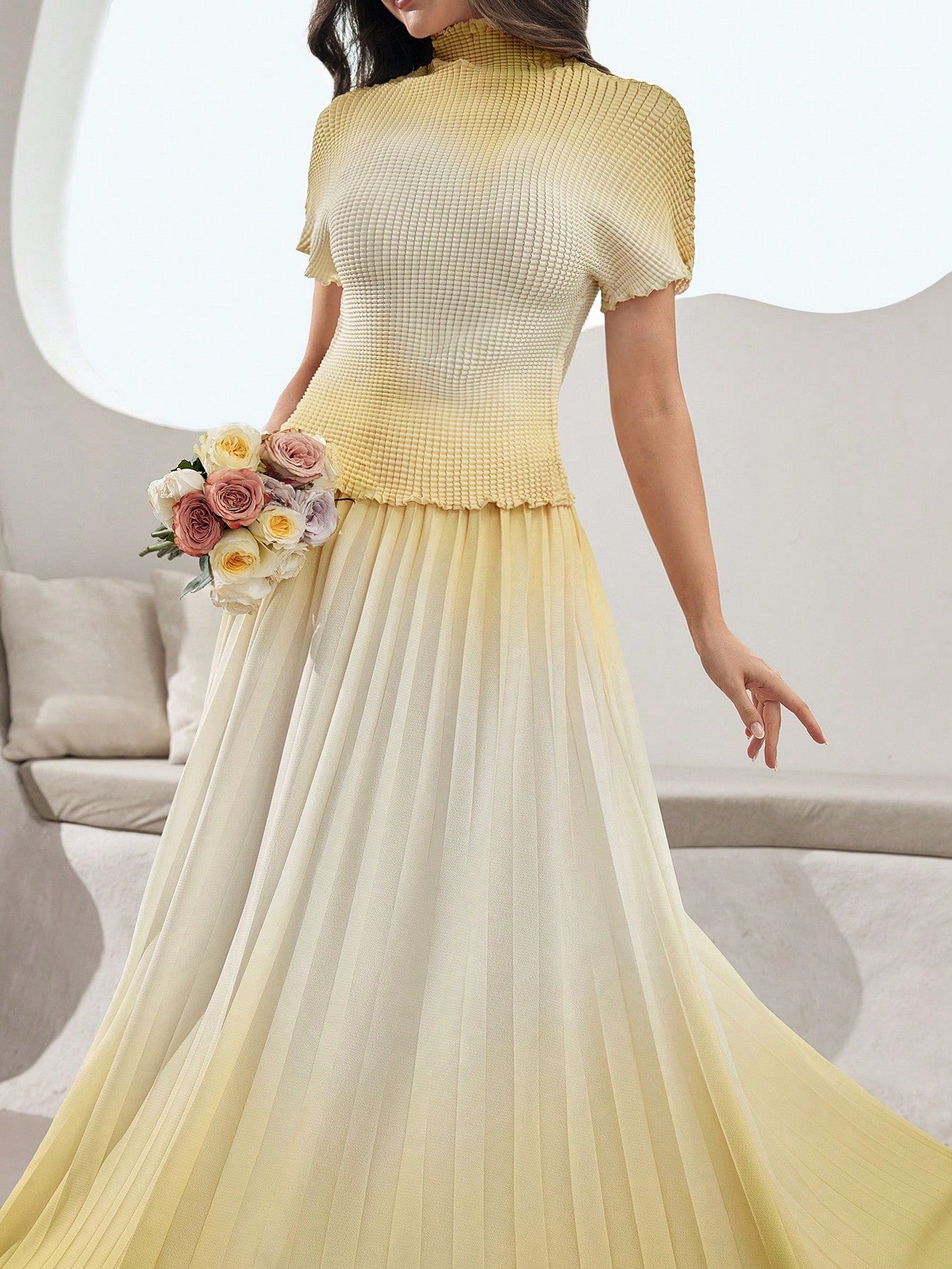 Elevate your wardrobe with this stunning ombre pleated set that effortlessly transitions from day to night. The soft gradient coloring flows beautifully across both the top and skirt, creating a cohesive, polished look without the fuss. Perfectly pleated for movement and comfort, this two-piece wonder pairs sophistication with playful charm. Whether you're heading to brunch or a casual evening out, this set delivers instant style that feels both put-together and refreshingly relaxed. No styling stress requi