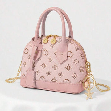 Light pink PU leather mini dome handbag with brown monogram print top handles gold chain strap zipper closure and starfish pearl charm