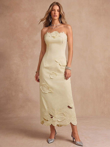View 1 of pale yellow 3D floral strapless column dress with straight neckline, rose appliques, embroidered cutout hem, slit, and back zipper