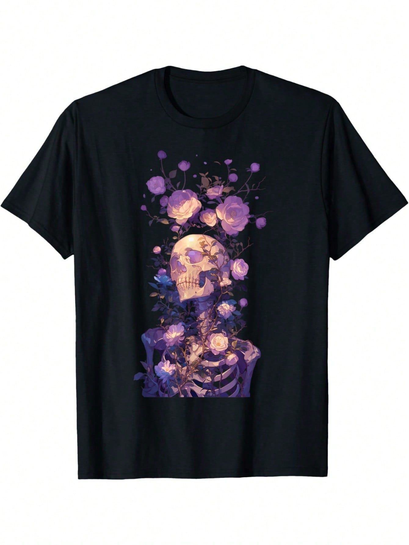 Embrace your edgy side with a playful twist in this Pastel Goth Skeleton Flowers T-Shirt. Crafted from soft cotton, it offers comfort for casual outings or relaxing days. The unique skeleton and floral design adds a quirky charm that stands out, making it a fun addition to your wardrobe. Perfect for those who love mixing dark aesthetics with a splash of pastel whimsy.