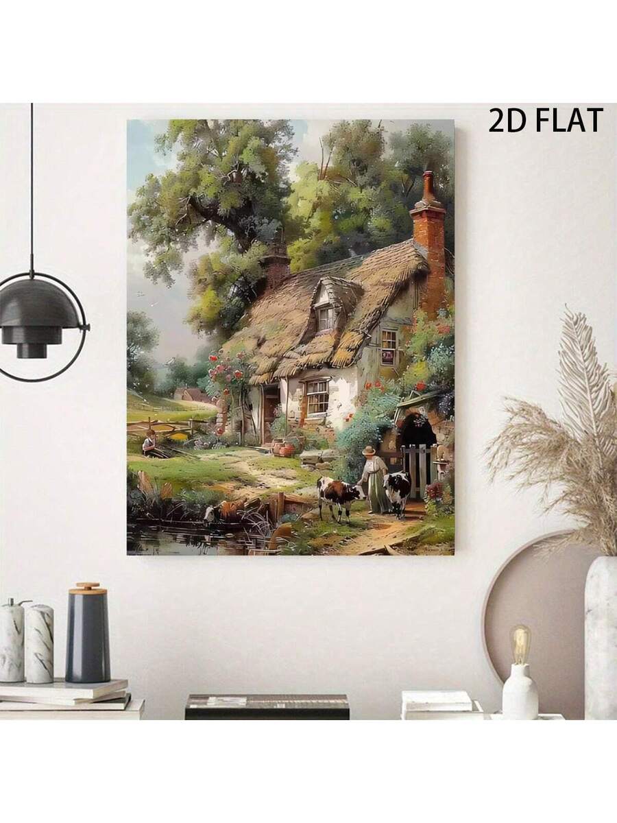 Pastoral canvas art with rustic cottage countryside painting