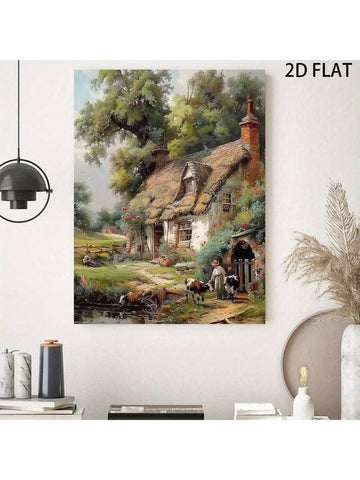 Pastoral canvas art with rustic cottage countryside painting