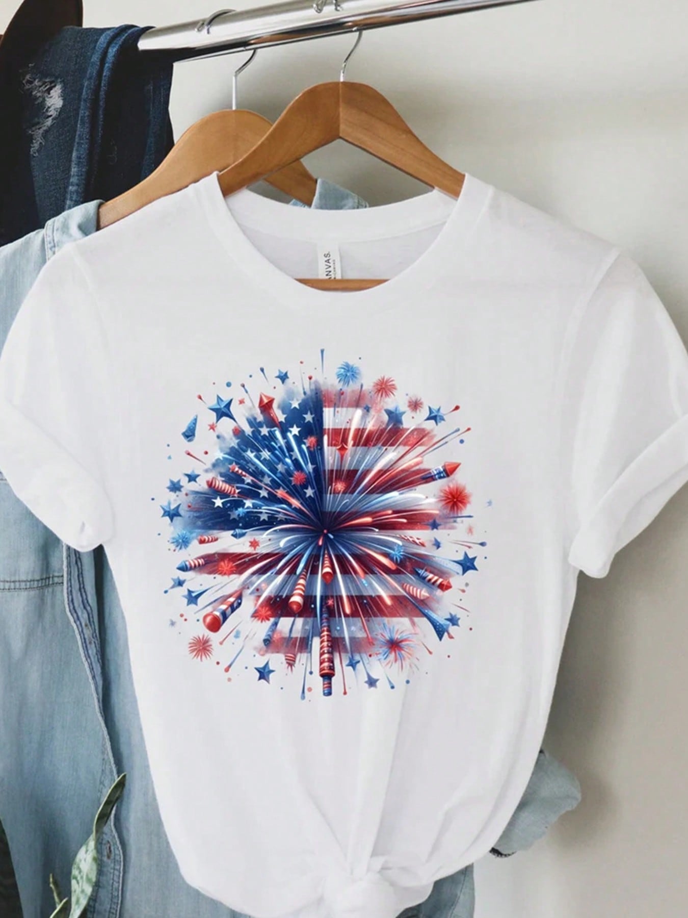 Celebrate Independence Day in style with this playful women's t-shirt featuring a funny American firework design in vibrant red, white, and blue. Perfect for showing off your patriotic spirit while keeping things lighthearted and fun. Comfortable and eye-catching, it’s an ideal choice for BBQs, parades, or fireworks shows.