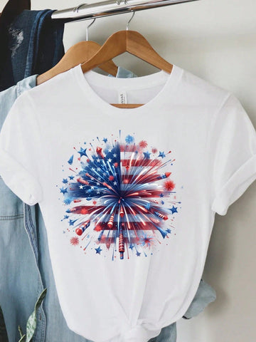 Celebrate Independence Day in style with this playful women's t-shirt featuring a funny American firework design in vibrant red, white, and blue. Perfect for showing off your patriotic spirit while keeping things lighthearted and fun. Comfortable and eye-catching, it’s an ideal choice for BBQs, parades, or fireworks shows.