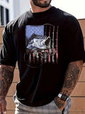 Show off your patriotic spirit with our Patriotic Breeze T-Shirt! This men's shirt features a playful print of the American flag made up of different fish. The short sleeves make it perfect for warm weather, while the unique design adds a touch of fun to any outfit.