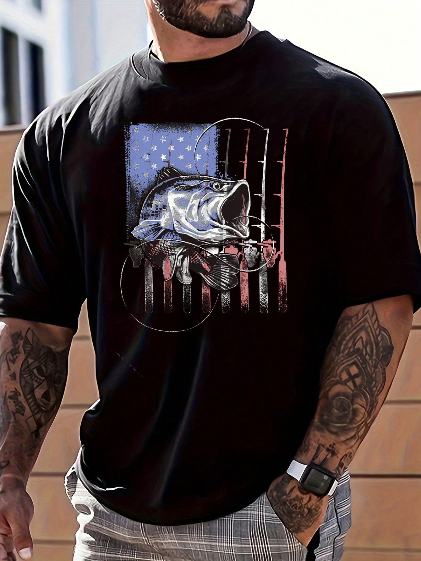 Show off your patriotic spirit with our Patriotic Breeze T-Shirt! This men's shirt features a playful print of the American flag made up of different fish. The short sleeves make it perfect for warm weather, while the unique design adds a touch of fun to any outfit.