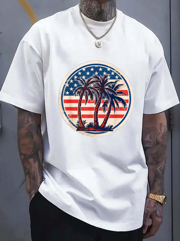 Celebrate Independence Day in style with this playful cotton T-shirt featuring a vibrant American flag and a fun palm tree design. Perfect for Fourth of July festivities, it combines patriotic spirit with a relaxed, beachy vibe. Made from soft, breathable cotton, it keeps you comfortable while showing off your festive flair. Whether you're at a barbecue, parade, or fireworks show, this tee adds a cheerful touch to your holiday wardrobe.
