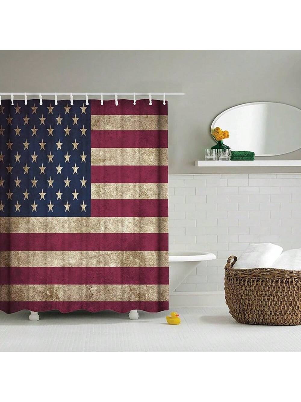 Elevate your bathroom decor with our Patriotic Pride Shower Curtain. Featuring a bold American Flag graphic print, this curtain adds a touch of patriotism to any space. The waterproof design ensures long-lasting durability while the 12 plastic hooks make for easy installation.