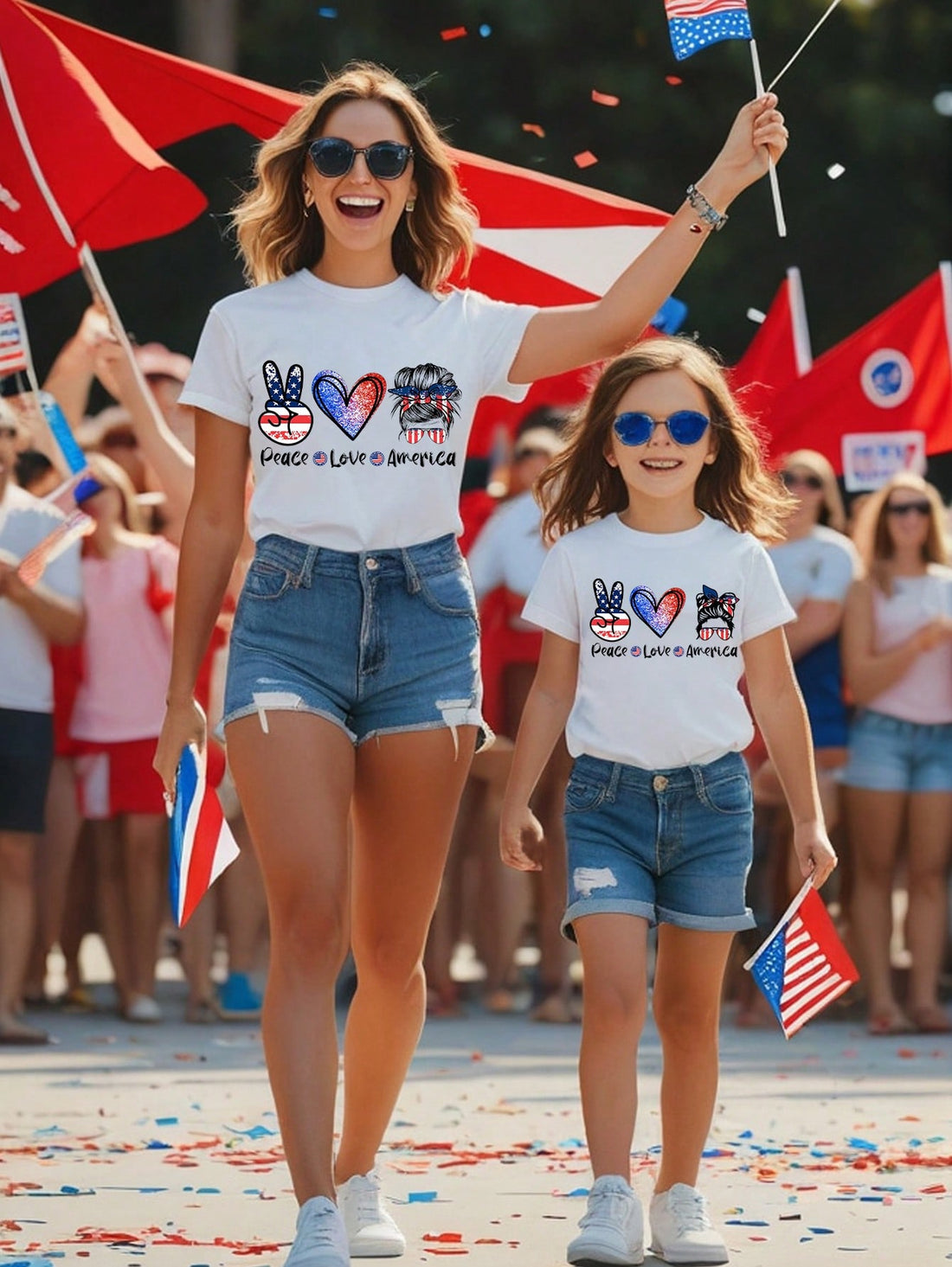Show off your patriotism with this stylish T-shirt featuring a heart-shaped hand gesture. Made for women, this shirt is perfect for showing your love for your country while also making a fashion statement. Show your pride with this comfortable, short-sleeved shirt.