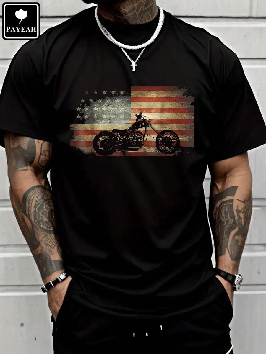 Show off your love for the open road and the red, white, and blue with this Patriotic Retro USA Flag Biker T-Shirt. Crafted from heavy cotton, it offers a vintage motorcycle vibe that’s both rugged and comfortable. Perfect for cruising, hanging out, or just adding a bold statement to your casual look. Ride free and proud!